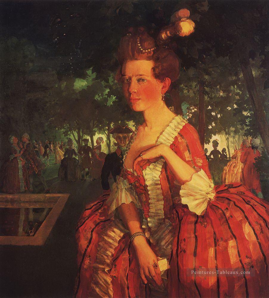 une jeune fille dans une fille robe rouge avec une lettre Konstantin Somov Peintures à l'huile